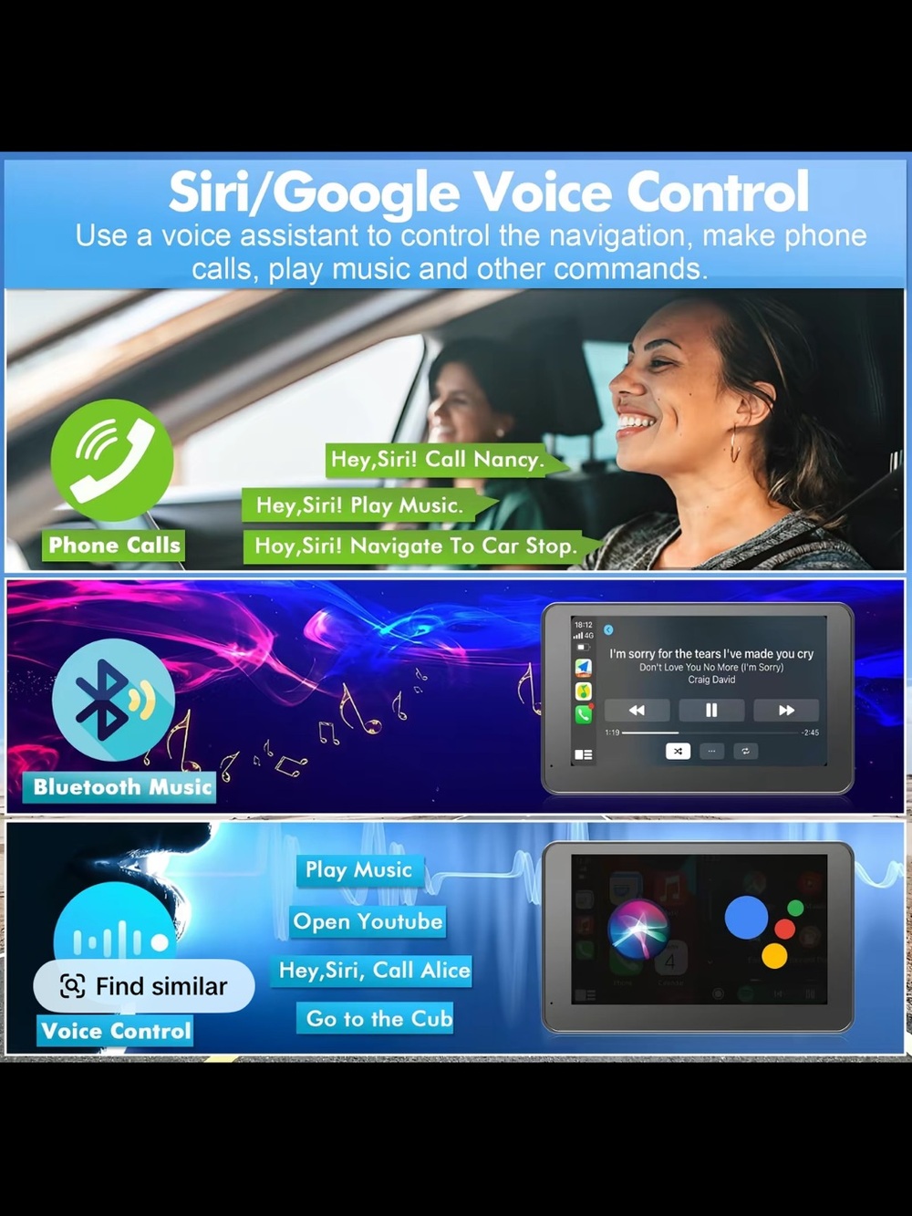 7” Portable Apple CarPlay Android Auto Touchscreen Monitor Bluetooth GPS AUX - Picture 6 of 11